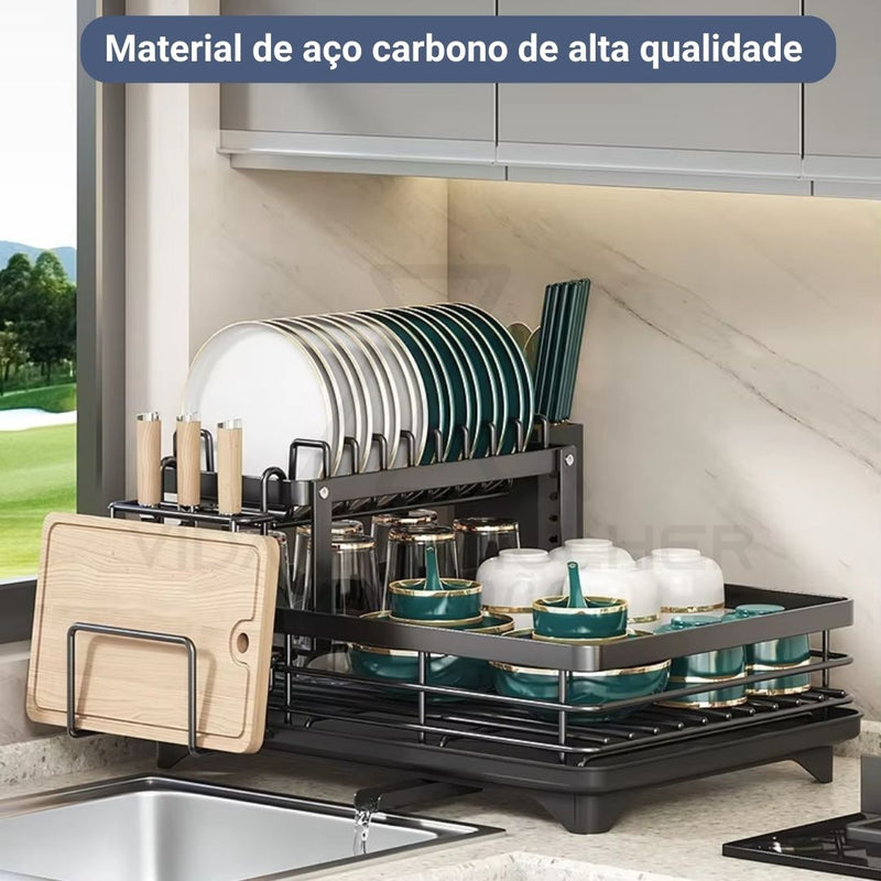 escorredor de loiças em aço inoxidável,
escorredor de loiças com drenagem automática,
escorredor de loiças de cozinha com 2 camadas,
organizador de cozinha resistente e durável,
secador de loiça para bancada