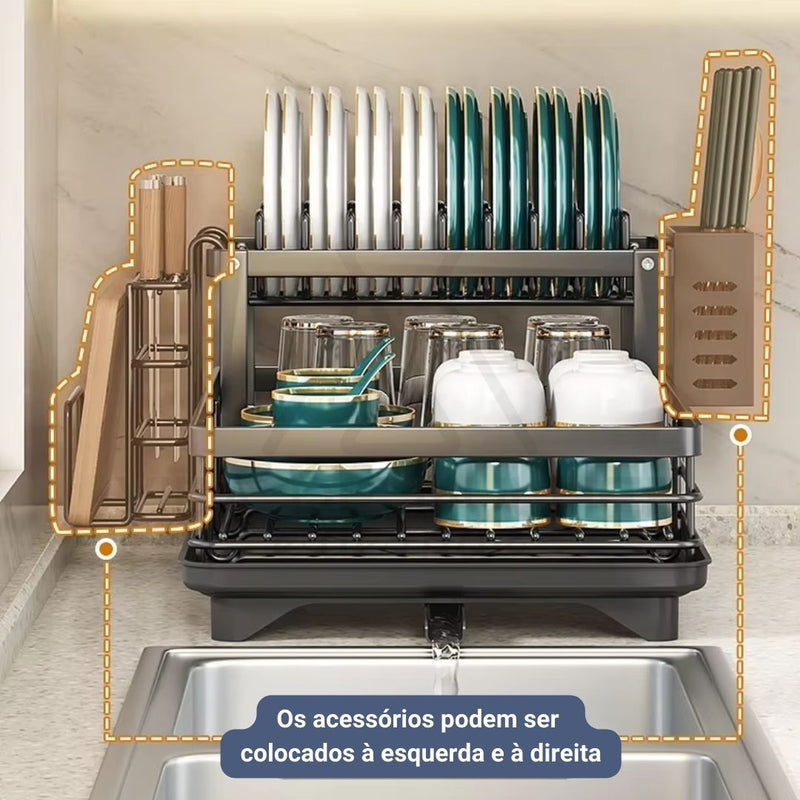 escorredor de loiças em aço inoxidável,
escorredor de loiças com drenagem automática,
escorredor de loiças de cozinha com 2 camadas,
organizador de cozinha resistente e durável,
secador de loiça para bancada