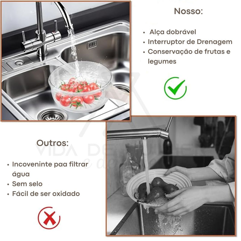 Cesta de drenagem multifuncional para cozinha,
Escorredor de frutas e legumes dobrável,
Recipiente para armazenamento de alimentos,
Caixa organizadora de alimentos,
Escorredor de legumes,
Recipiente Multiuso